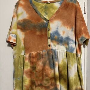 Tie-Dye V-Neck Buttoned Women's Top
